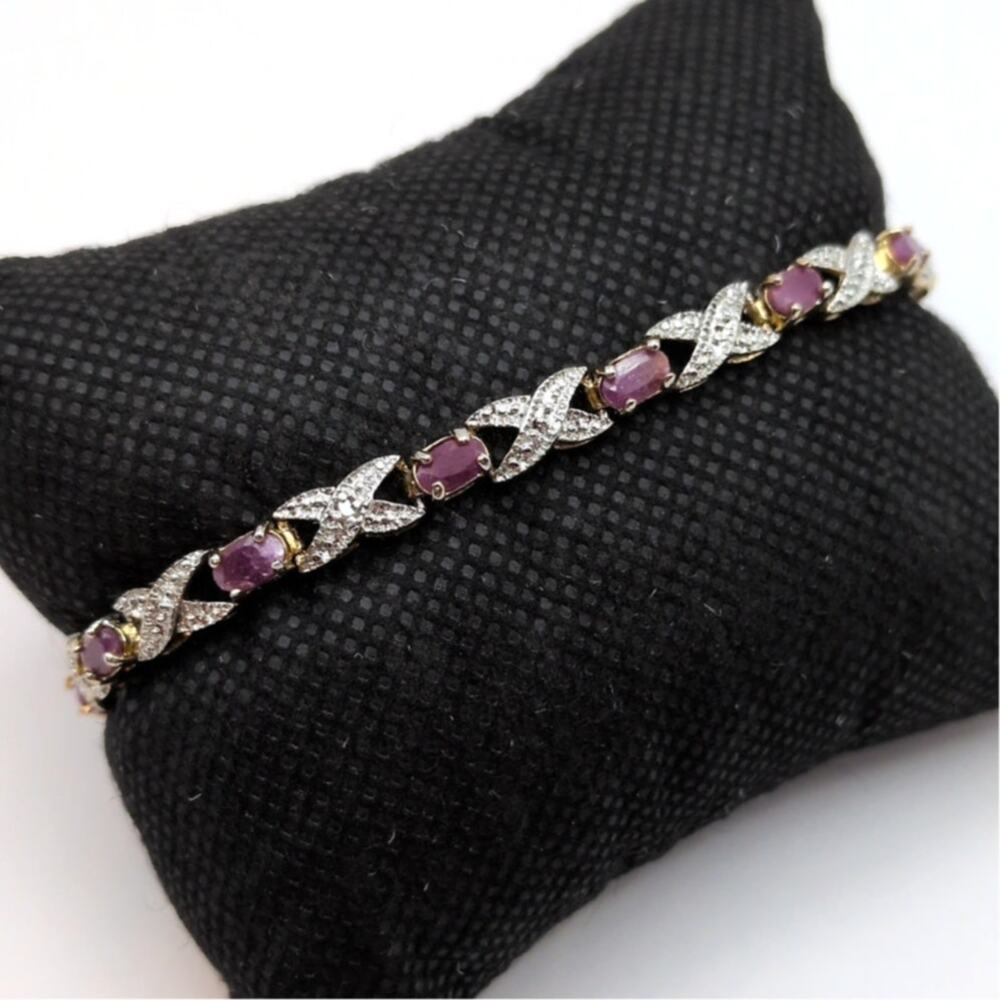 DBJ Sterling Silver 925 Two Tone X and Os Pink Ruby Tennis Bracelet 7.25in